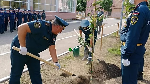 Посадка дерева в честь памяти начальника спасательного центра.